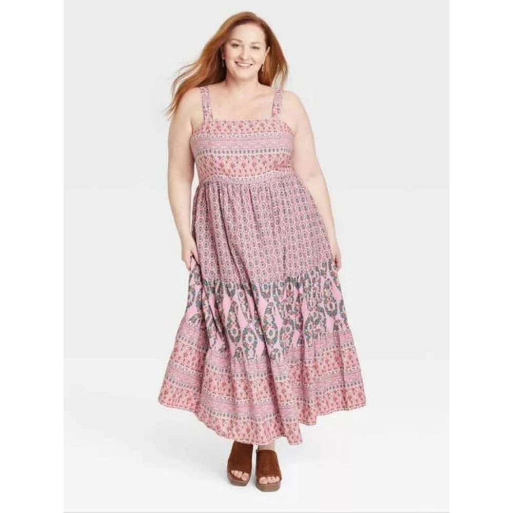 Knox Rose‎ Pink Floral Smocked Tiered Maxi Dress XXL 2XL Plus Size Boho Romantic